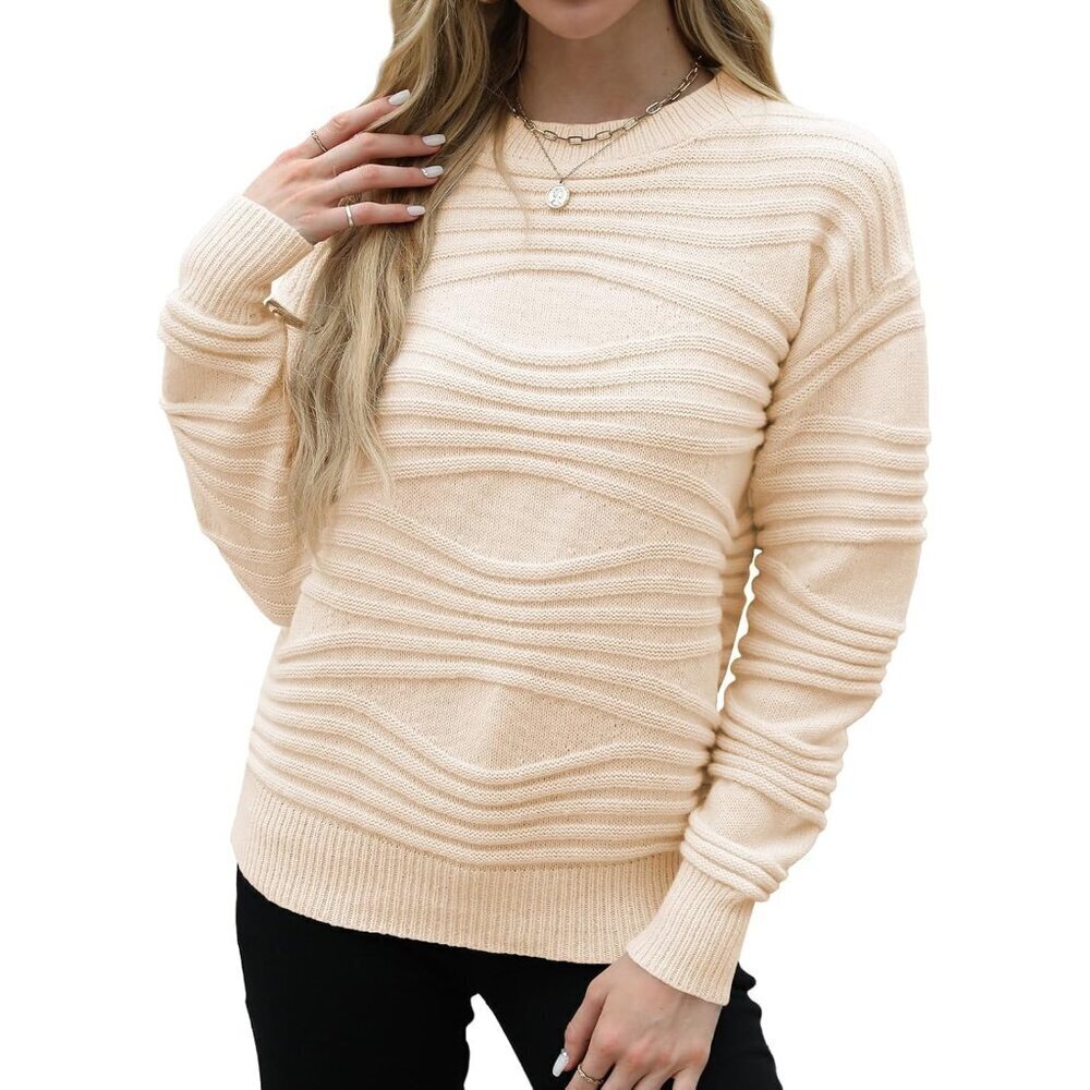 Womens Knit Sweater Crewneck Long Sleeve Casual Pullover Off Apricot XL